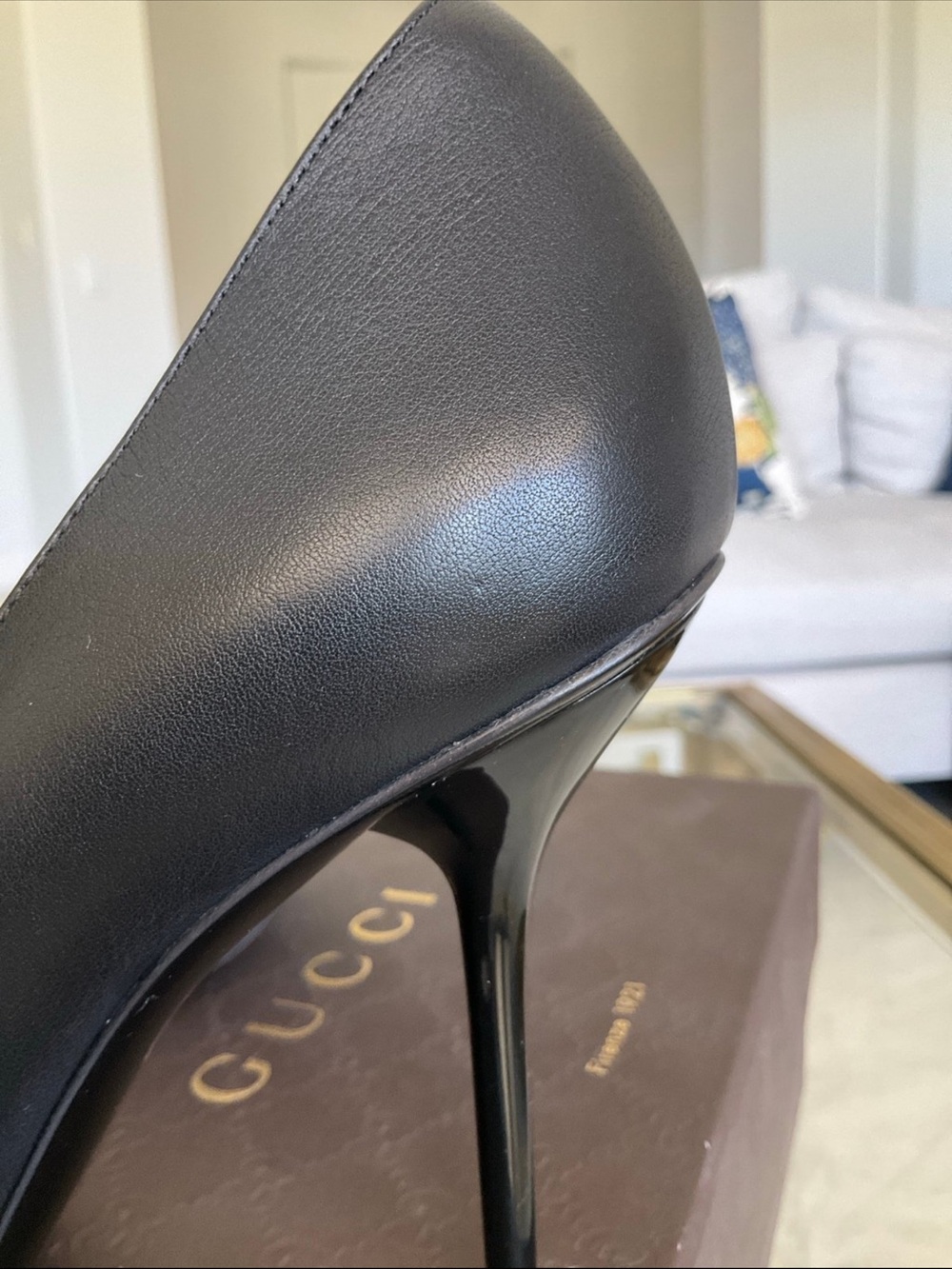 Gucci black Nero silver logo plaque peep toe heels, 38.5, NIB! - Picture 11 of 11